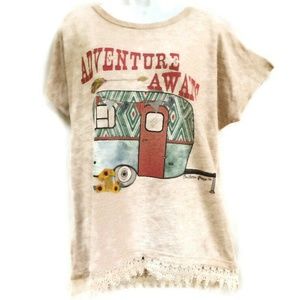 Southern Grace Adventure Awaits Camper Lace Hem Tunic Tee T-Shirt Beige Wanderer